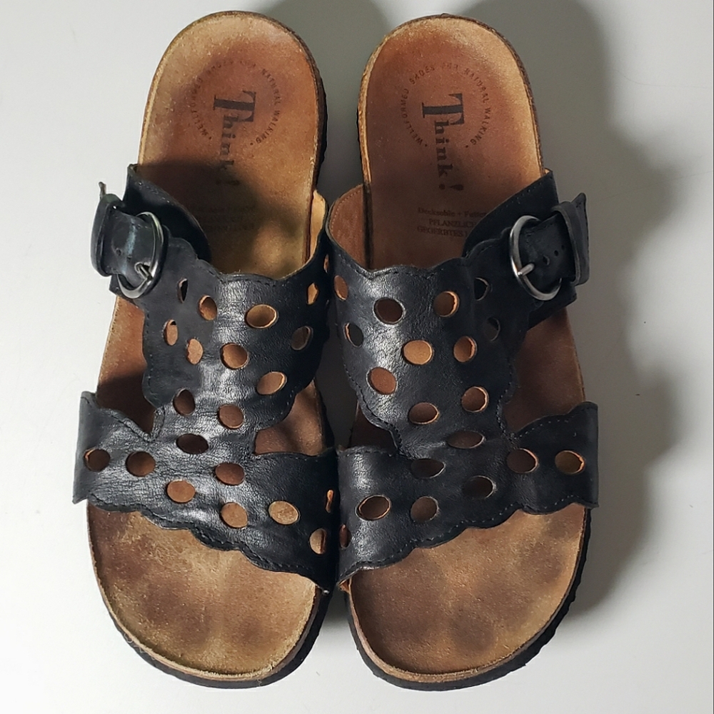 Think! Perforated Supple Leather Buckle Mule Sandals Comfort Causal Coastal Cork